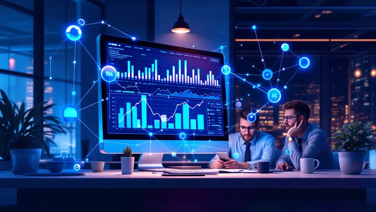 Realistic illustration computer screen financial data analysis network business team collaboration modern office