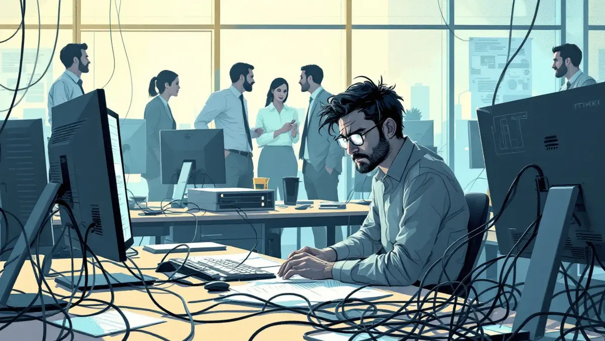 Tired it professional at desk with tangled network cables in office