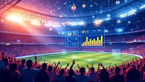 Crowded football stadium glowing data lines digital dashboard fan engagement