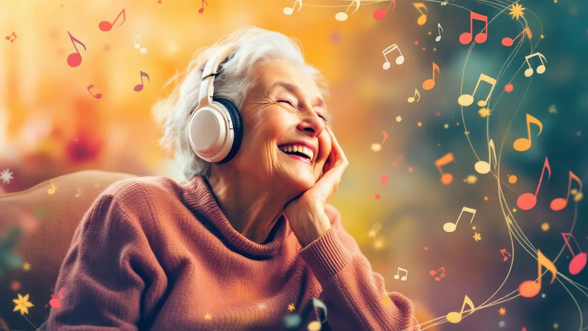 Elderly person smiling listening to music headphones colorful notes calm joy care