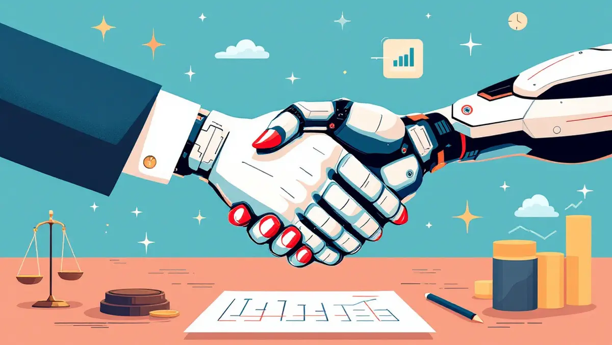 Handshake human robotic arm law finance scales justice financial charts