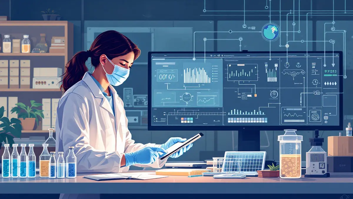 Laboratory technician modern sequencing lab managing barcoded samples scanning tablet digital data flow