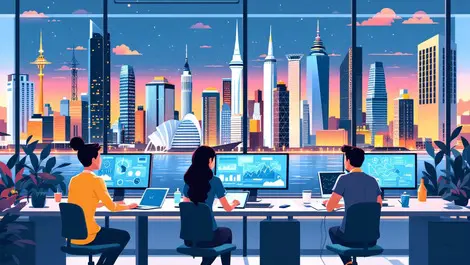Modern office professionals collaborating digital network graphics australian cityscape