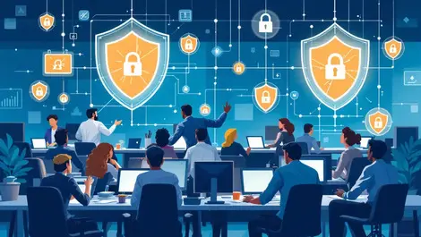 Busy modern office workers digital security icons shields locks vulnerable