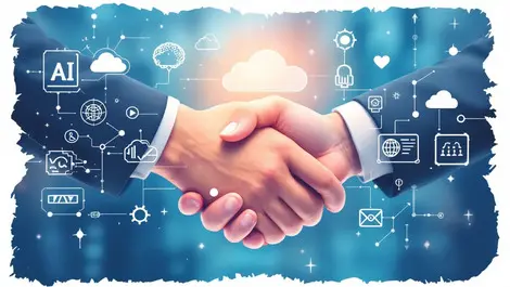 Handshake between business professionals with ai cloud technology icons