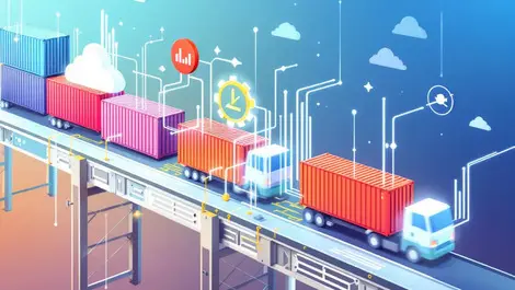 Cargo containers on conveyor with data streams real time logistics integration