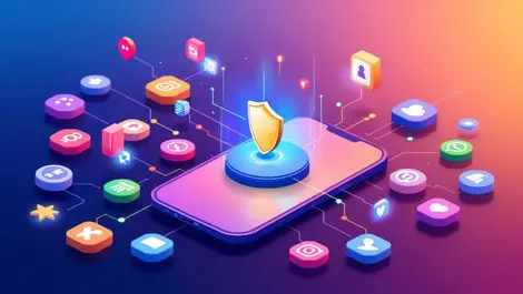 Smartphone app icons data streams shield privacy data protection illustration