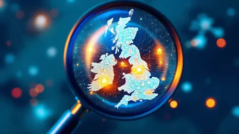 Magnifying glass uk map houses digital network connections data marketing