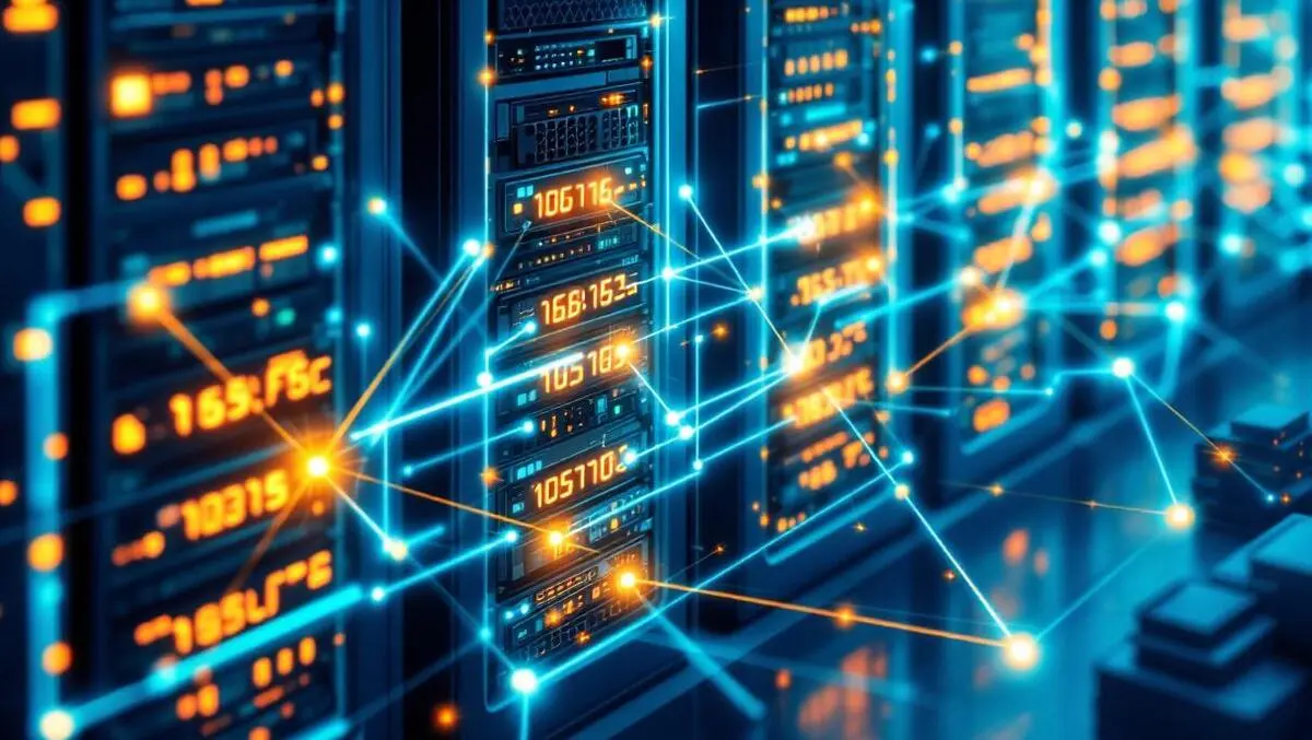 Interconnected server racks digital data flow blockchain networks high volume