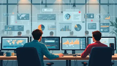 Australian office workers monitoring complex network activity graphs cyber threat alerts