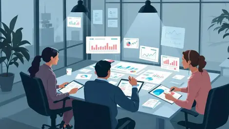 Modern business team collaborating financial charts tablets illustration