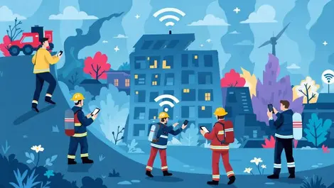Firefighters paramedics using wifi devices disaster response collapsed building