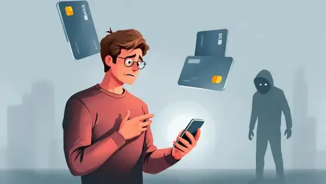 Worried person checking smartphone with money transfer and fraud shadow