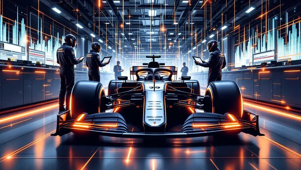 Modern formula one car glowing data lines engineers analyzing digital screens high tech garage