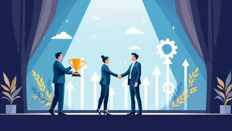 Asia pacific business awards professionals shaking hands exchanging trophies stage growth innovation