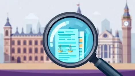 Magnifying glass financial documents legal scales uk architecture regulations