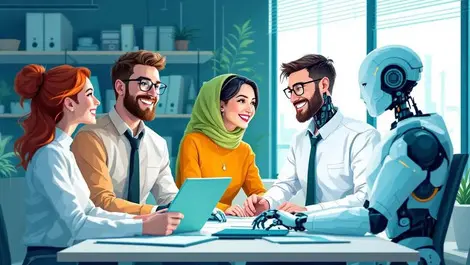 Human office workers collaborating with robotic ai figures modern teamwork