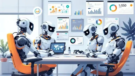 Illustration interconnected robots collaborating marketing automation office