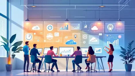 Modern office professionals collaborating digital screens data analytics ai