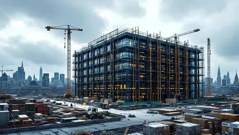 Realistic illustration modern uk data centre building construction halted progress