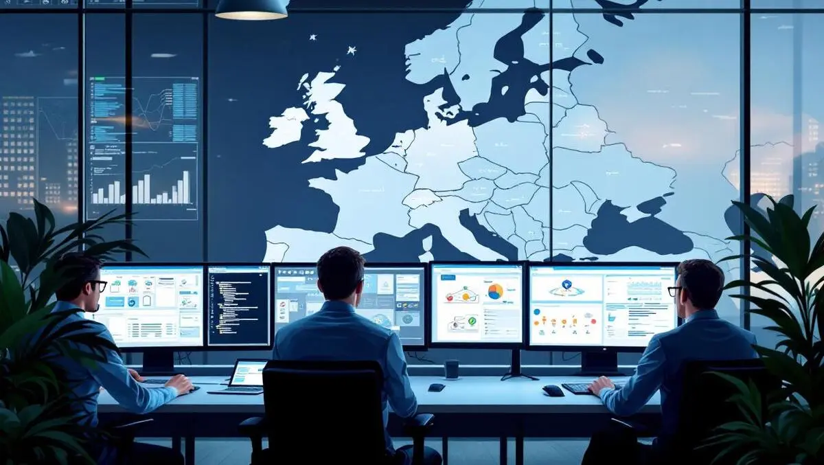 Professional european it technicians monitoring networked computer screens emea maps