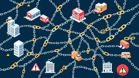 Tangled supply chain chains connecting office buildings warehouses warning symbols