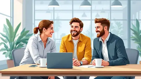 Happy australian office workers collaborating at modern meeting table