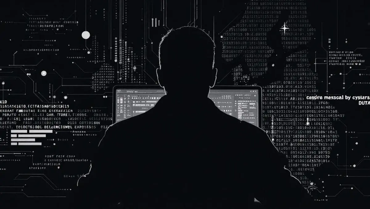 Shadowy human silhouette behind ai circuit computer screen dark digital threat