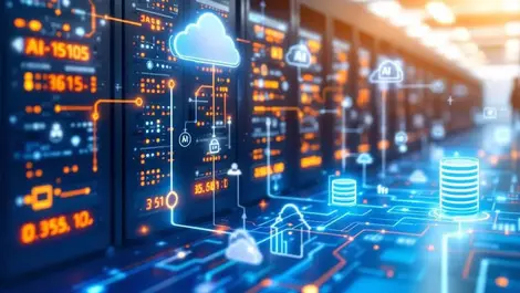 Interconnected cloud servers database icons digital data streams ai circuits