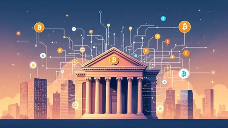 Modern bank building digital circuitry blockchain integration city skyline