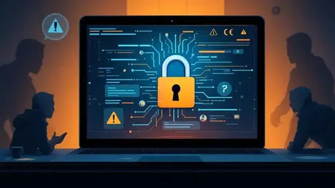 Realistic computer padlock screen warning symbols shadowy figures cybersecurity risk