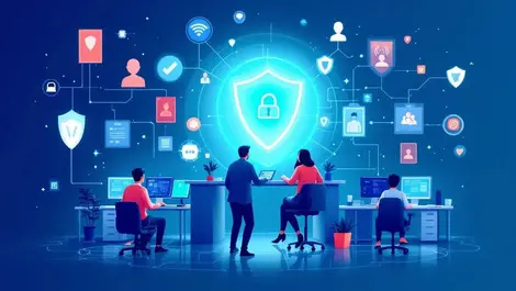 Small business office illustration teamwork computer security shields network connections