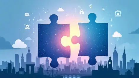 Two puzzle pieces representing large companies merging cloud cybersecurity uk cityscape