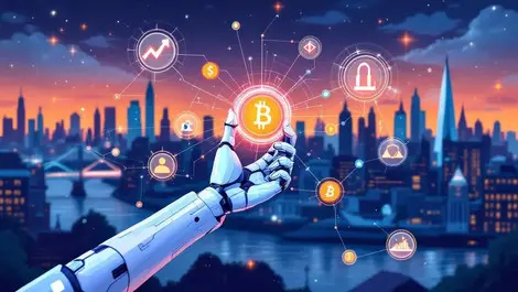 Modern financial icons robot hand blockchain quantum computing london cityscape