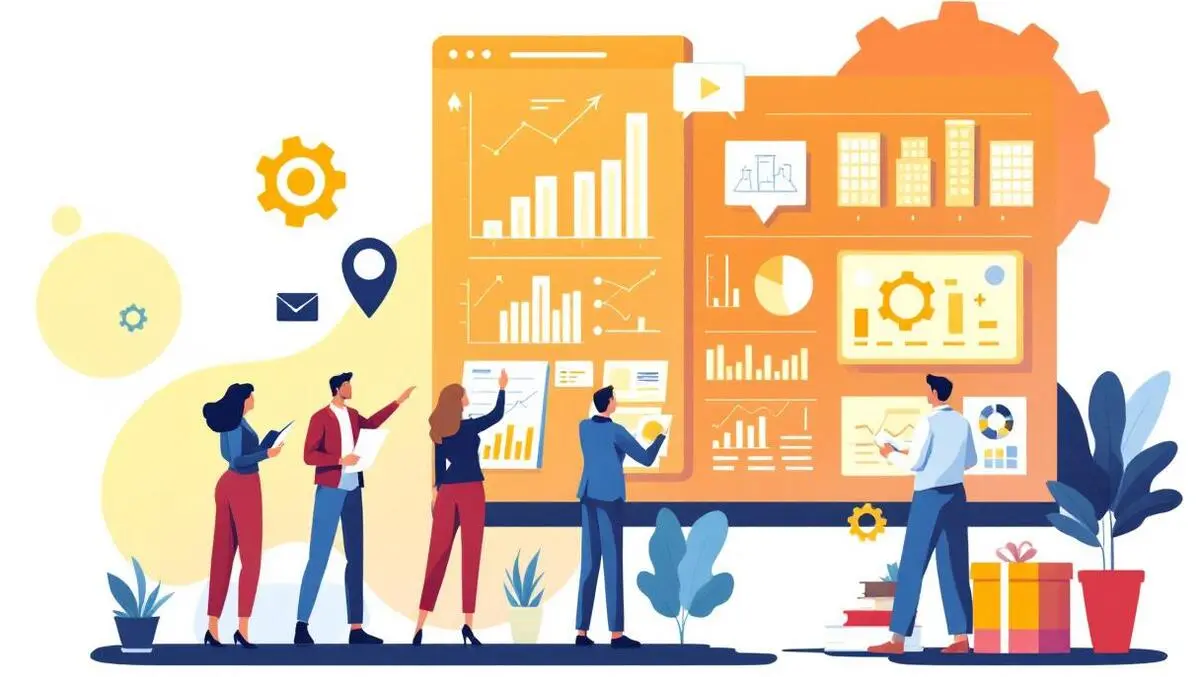 Estate management professionals collaborating digital charts data visualizations modern office