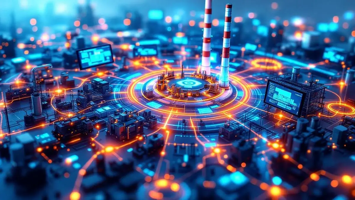 Realistic industrial facilities digital screens data streams machinery infrastructure