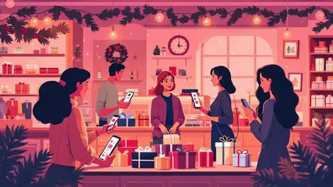 Cozy holiday shopping scene people browsing gifts virtual assistant smartphones
