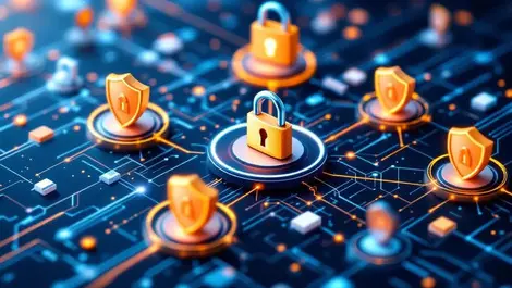 Digital network interconnected secure padlocks certificates shield icons security data integration