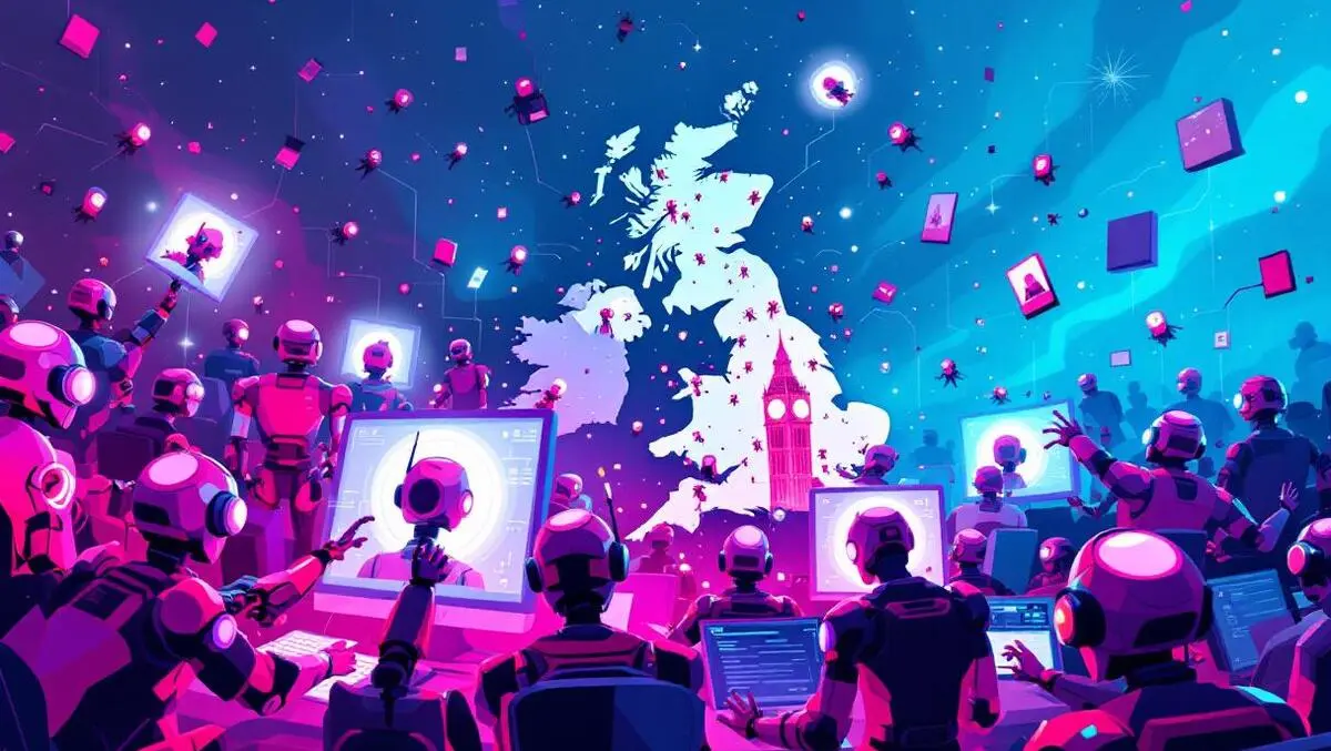 Digital illustration robotic swarm emerging from screens surrounding uk map ai cyber threats
