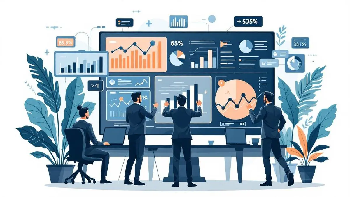 Confident business team analyzing data digital screens charts graphs strategy execution