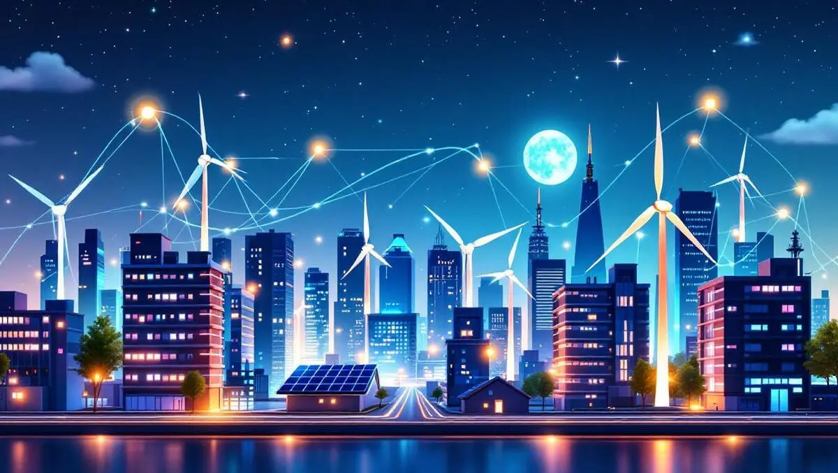 Modern city skyline with solar panels wind turbines smart meters energy flow