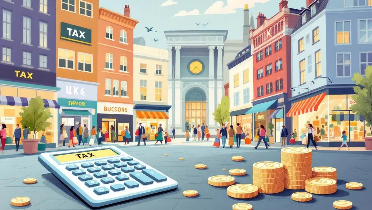 Uk city shopping streets with storefronts shoppers calculator coins tax concerns
