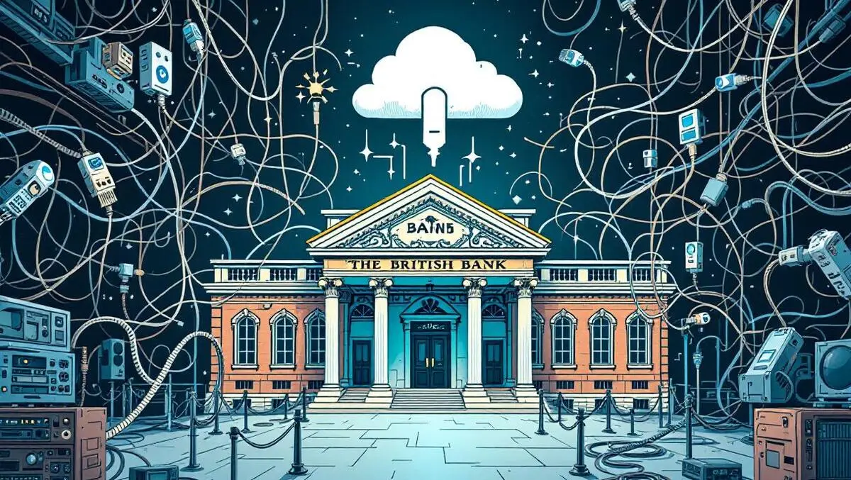 Classic british bank building tangled computer cables old hardware cloud ai barriers