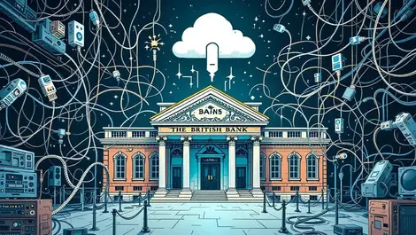 Classic british bank building tangled computer cables old hardware cloud ai barriers