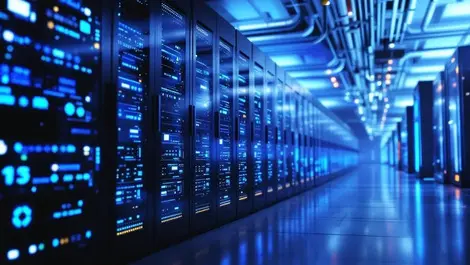 Hyperrealistic supercomputer data center with liquid cooling blue light ai research