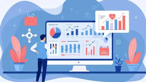 Marketer analyzing dynamic pie charts bar graphs digital dashboard