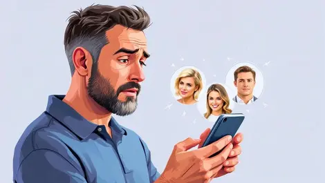 Worried australian man smartphone screen celebrities impersonation scam