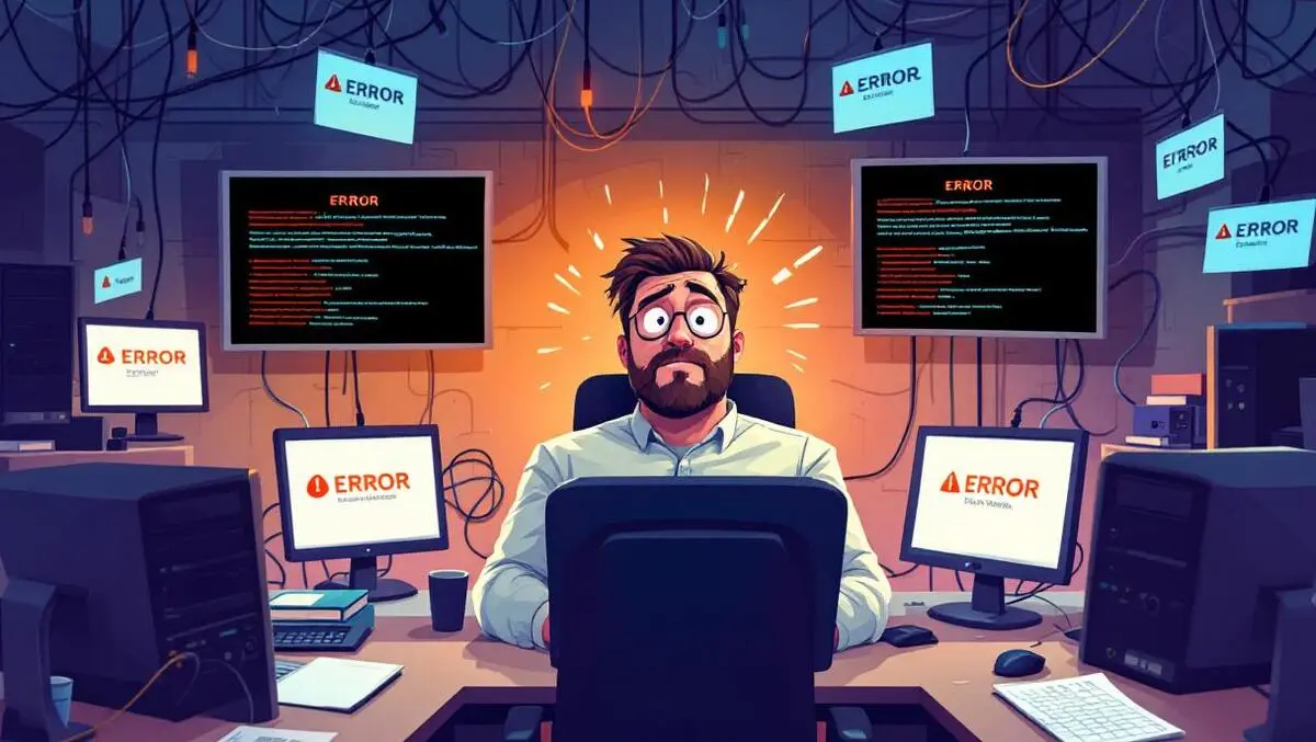 Frustrated uk retail manager surrounded by malfunctioning computers wires error messages