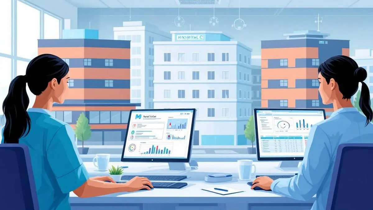 Hospital staff using digital patient charts modern setting with three buildings
