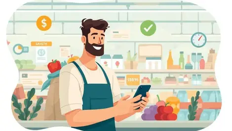 Happy caucasian uk supermarket employee using mobile phone saving health icons